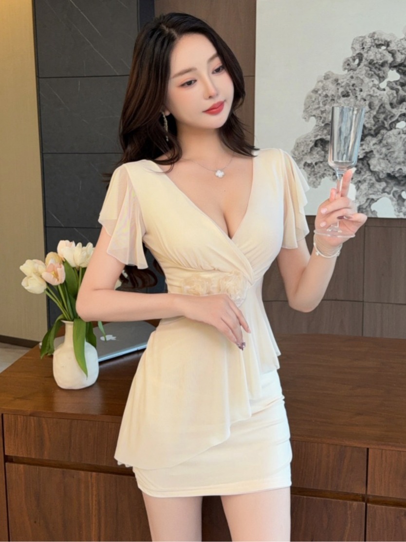 Sexy V-Neck Low-Bust Mesh Wrap - Wrap Dress Work 评论和价格