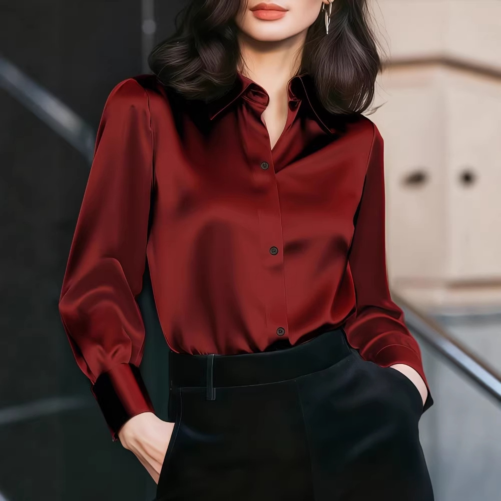 Women Satin Lapel Collar Blous - Women'S Elegant Formal Wear 评论和价格