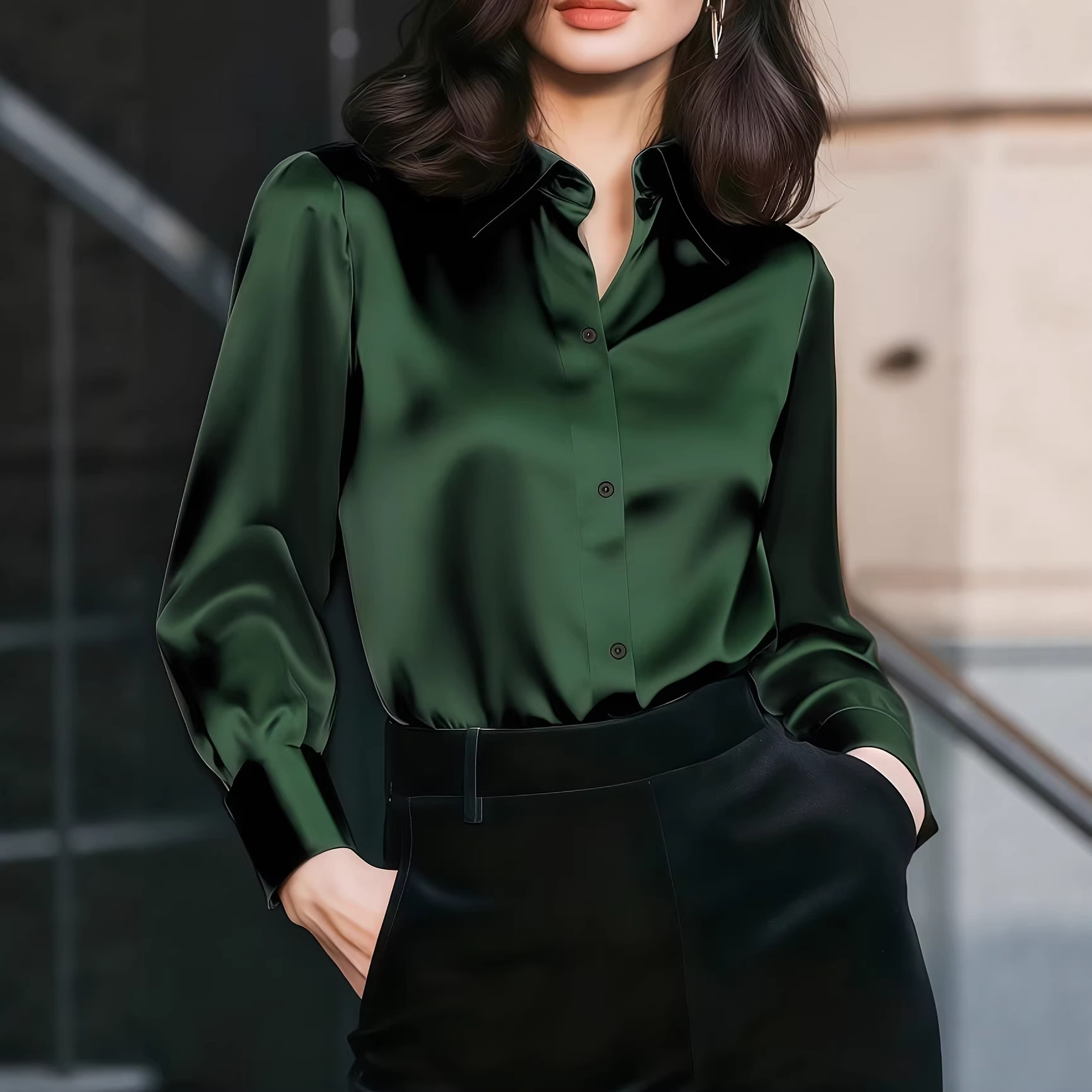 Women Satin Lapel Collar Blous - Women'S Elegant Formal Wear 评论和价格